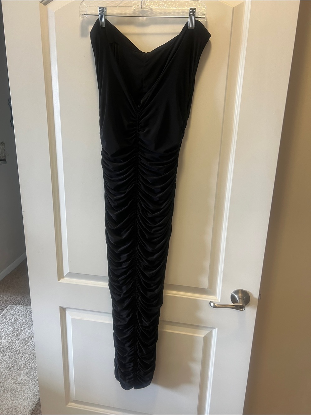 naked wardrobe Black Strapless Ruched Column Gown